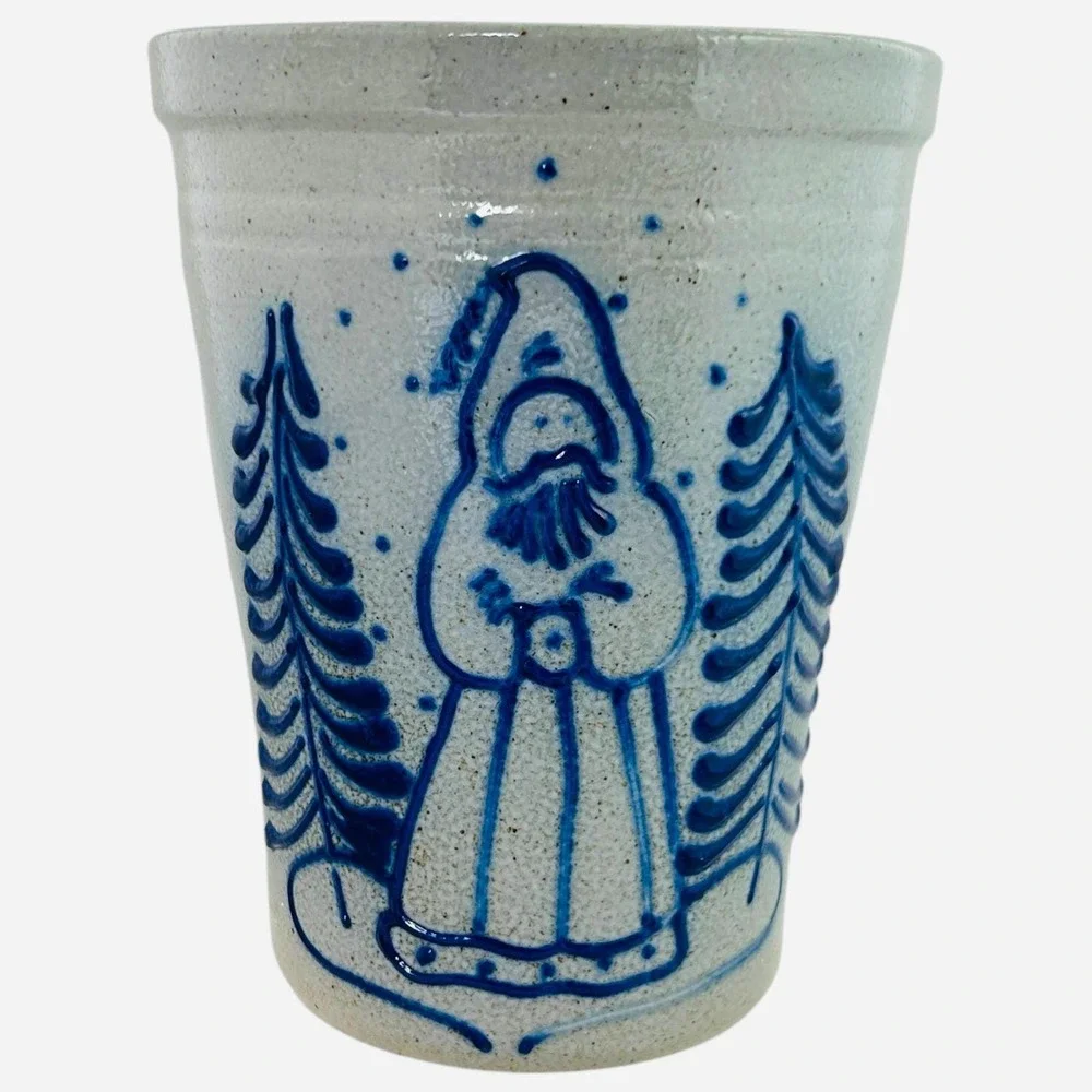 David Eldreth Pottery Santa Salt Glaze Crock Grey Blue Folk Art Vase 1989